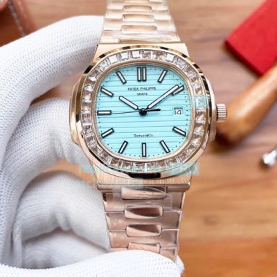 Replica Patek Philippe Nautilus 5711 Ice Blue Dial Diamond Bezel Rose Gold Watch